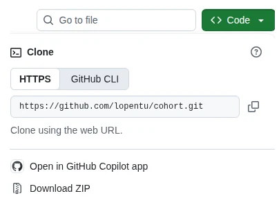 GitHub 儲存庫頁面的綠色 Code 按鈕展開，Clone 底下選了 HTTPS，框中是 .git 結尾的網址，右側有複製圖示。