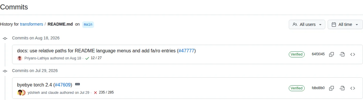 transformers 中 README.md 的修改歷史：每一筆 commit 都有說明、作者、日期與編號；其中一筆的作者為 ydshieh 與 claude。