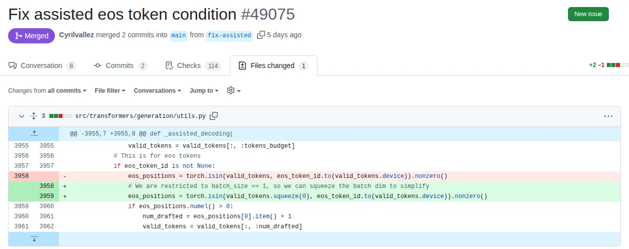 transformers 的 pull request #49075：Cyrilvallez 將 fix-assisted 分支的 2 個 commit 合併到 main；Files changed 分頁顯示 src/transformers/generation/utils.py 刪除一行、新增兩行。