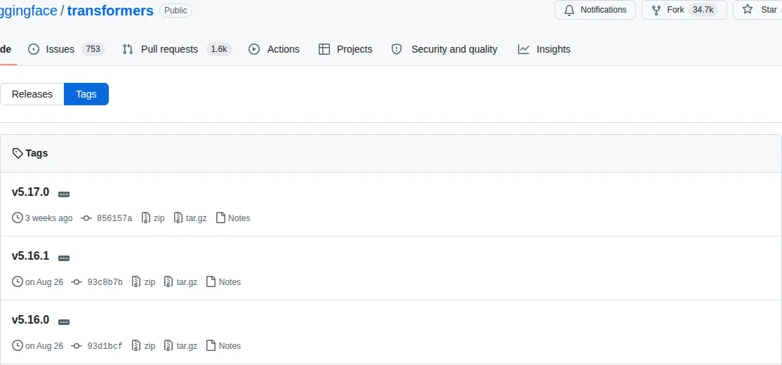 transformers 的 Tags 頁面：v5.17.0、v5.16.1、v5.16.0 等版本標籤，各自對應一個 commit 編號，並提供 zip 與 tar.gz 下載。