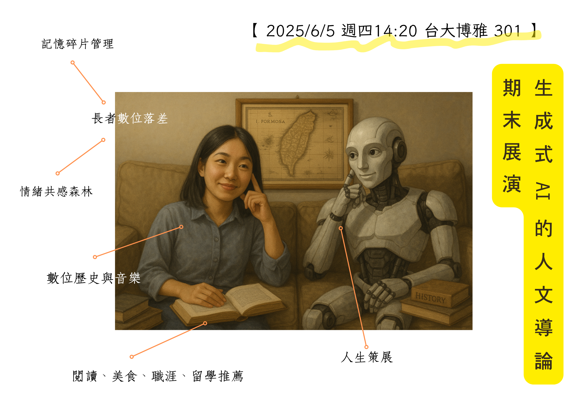 Final Project Showcase poster for 'Generative AI and Introduction to Humanities', event on 2025/6/5 at NTU Boya Building 301